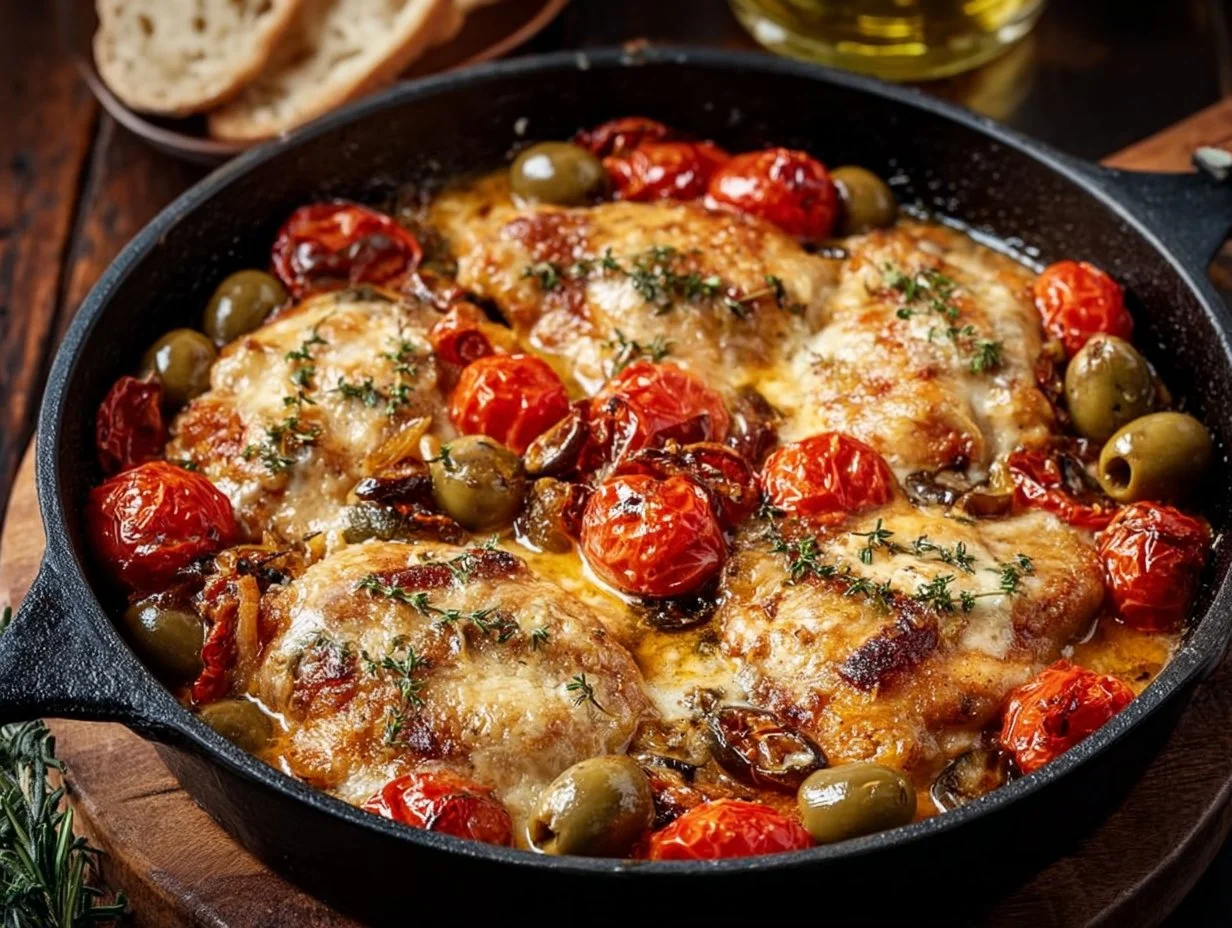 Delicious Easy Mediterranean Chicken Skillet with fresh vegetables and herbs