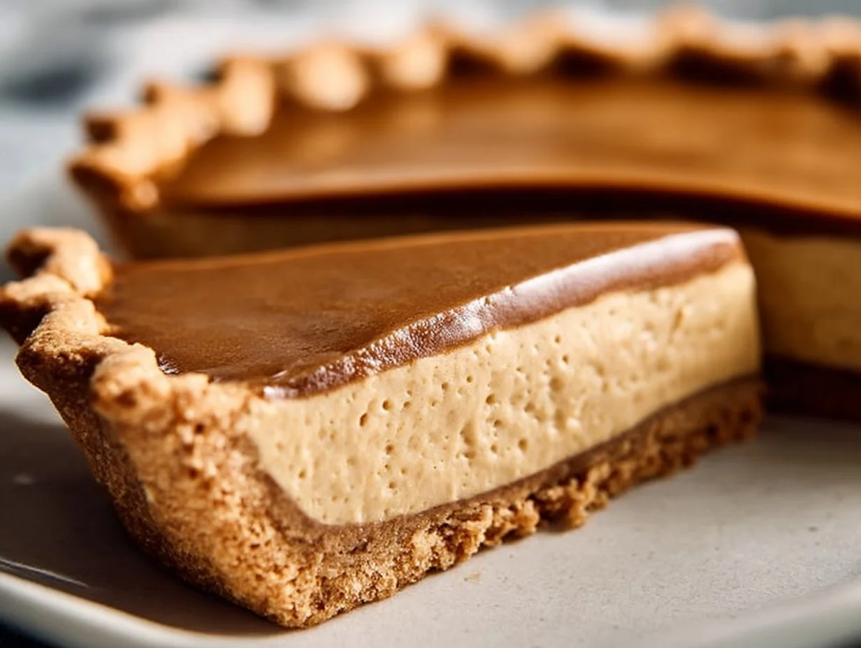 Slice of delicious Espresso Custard Pie topped with whipped cream