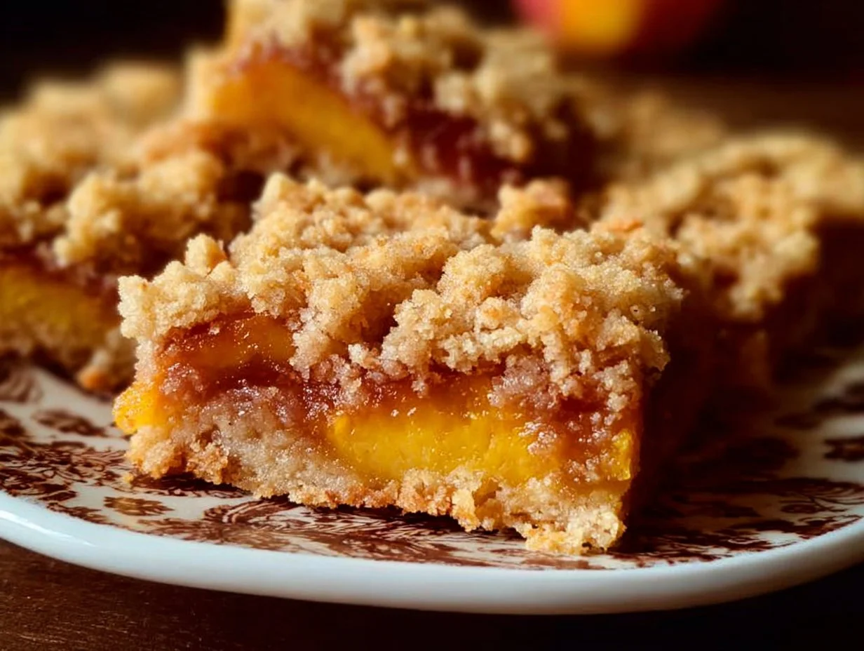 Gluten free vegan peach crumb bars topped with a crispy crumble layer