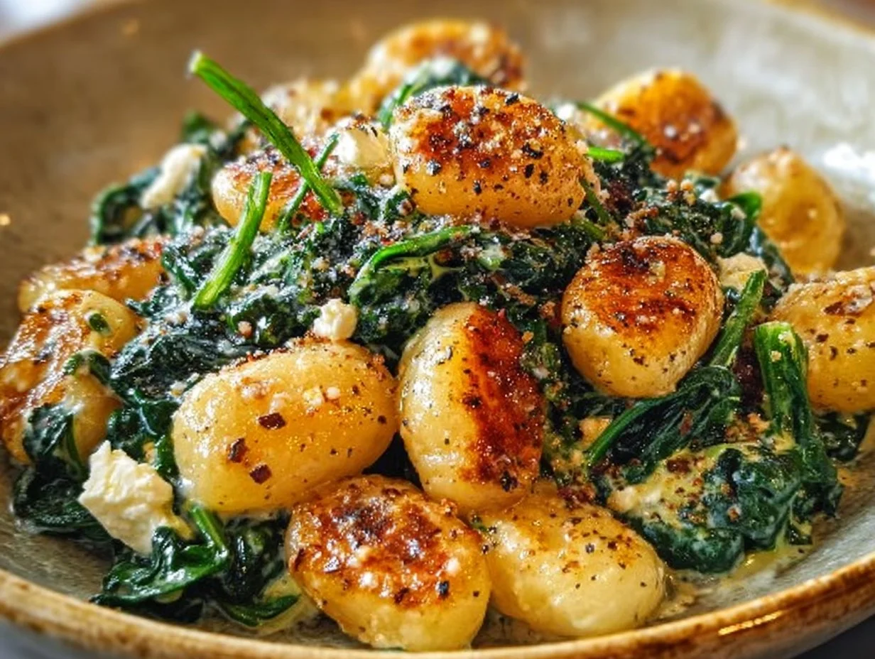 Gnocchi with spinach and feta served in a bowl with fresh herbs.
