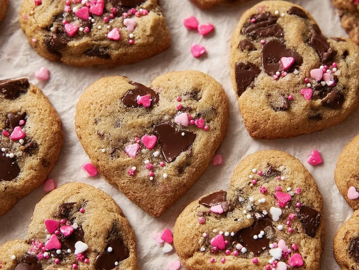 Heart-shaped chocolate chip cookies perfect for Valentine's Day treats.
