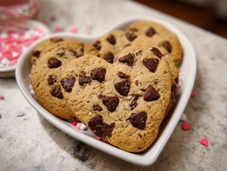 Heart-shaped chocolate chip cookies perfect for Valentine's Day treats.