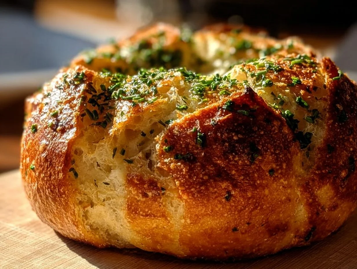 Freshly baked herb bread bowl filled with soup and garnished with herbs.