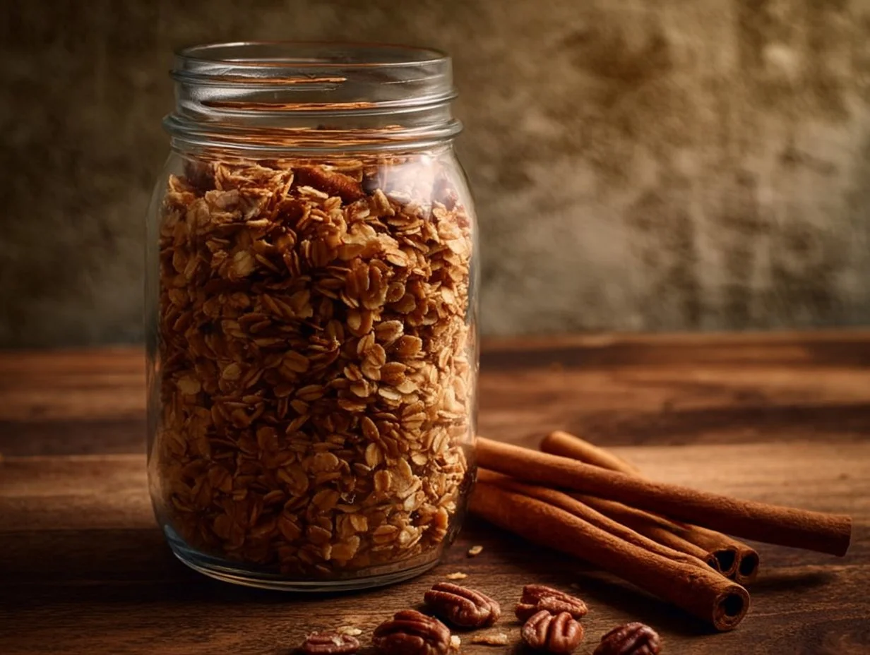 Bowl of homemade gingerbread granola with spices and nuts