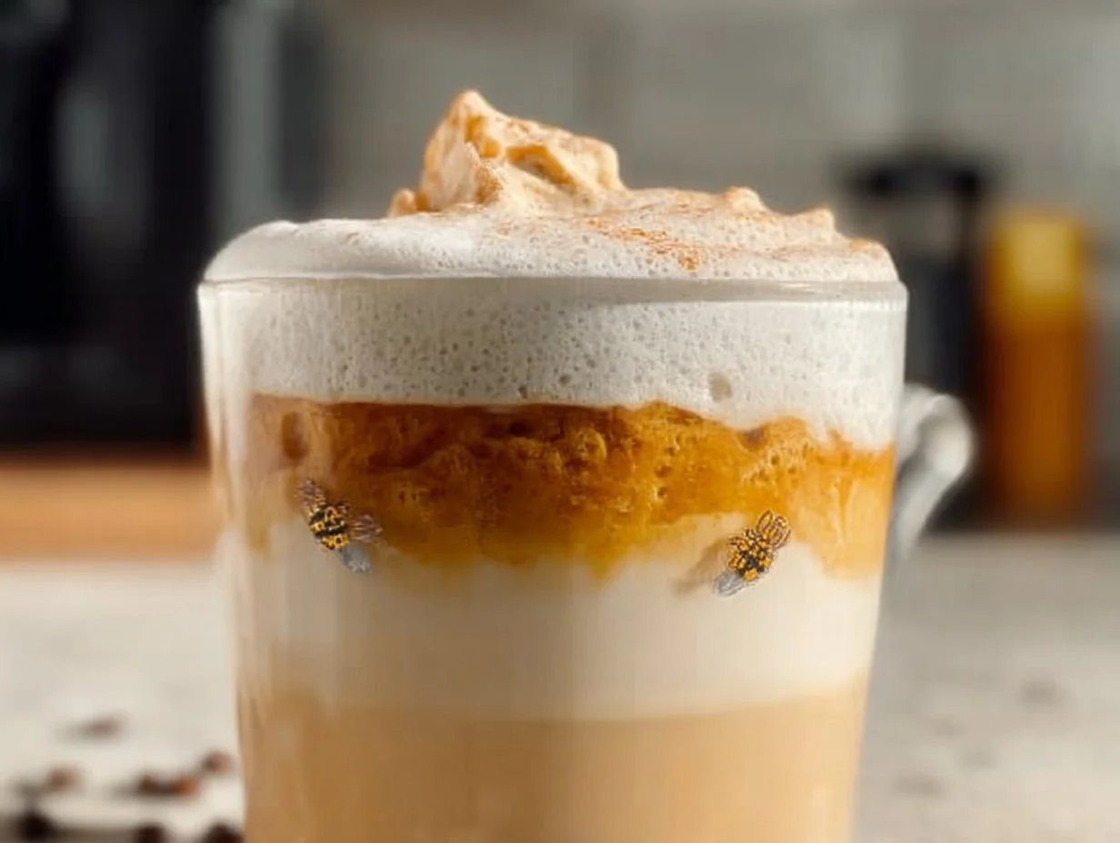 A creamy Honey Bun Latte topped with whipped cream and drizzled syrup in a cozy cafe setting.