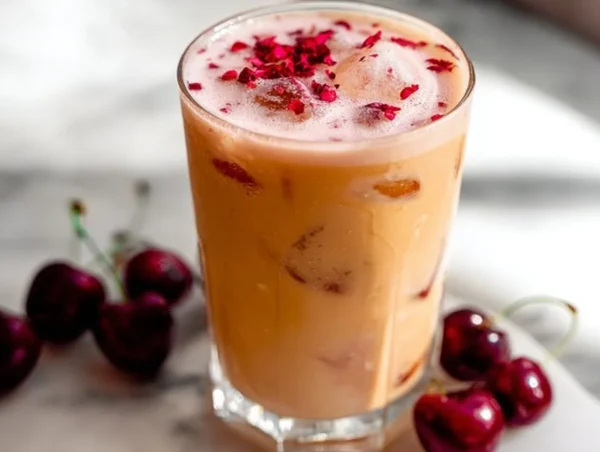 A refreshing iced cherry chai drink topped with cherries and spices.