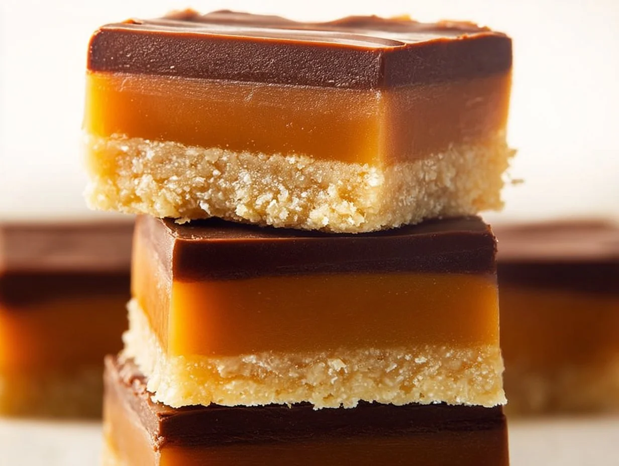 Decadent Millionaire’s Bar dessert with layers of chocolate and caramel