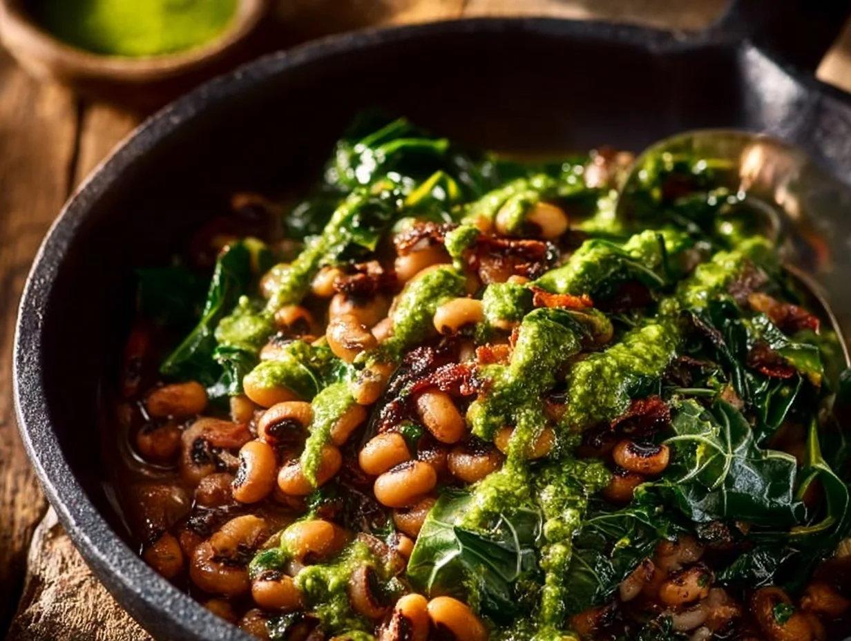 New Year's Day black-eyed peas dish with collard greens and cornbread