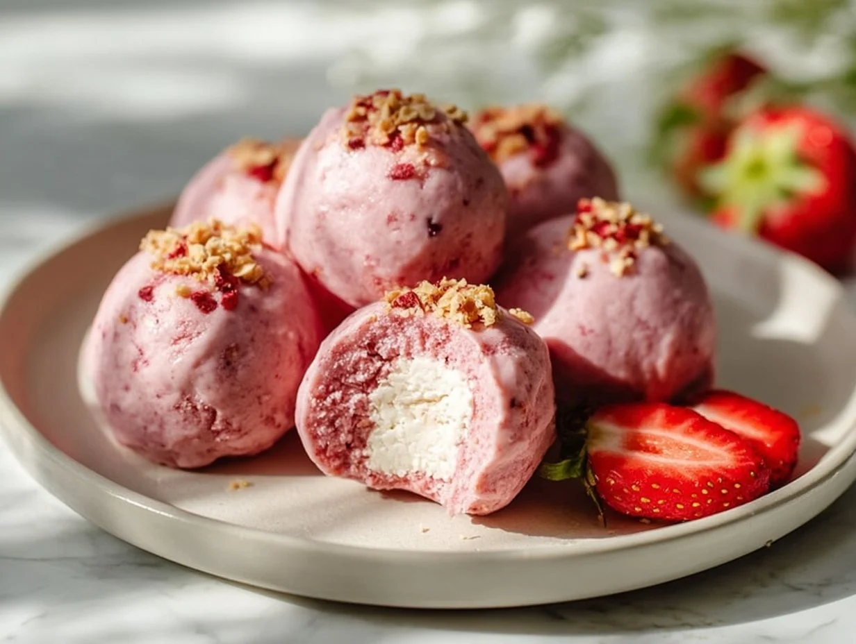 No-Bake Strawberry Cheesecake Protein Balls, a healthy and delicious treat