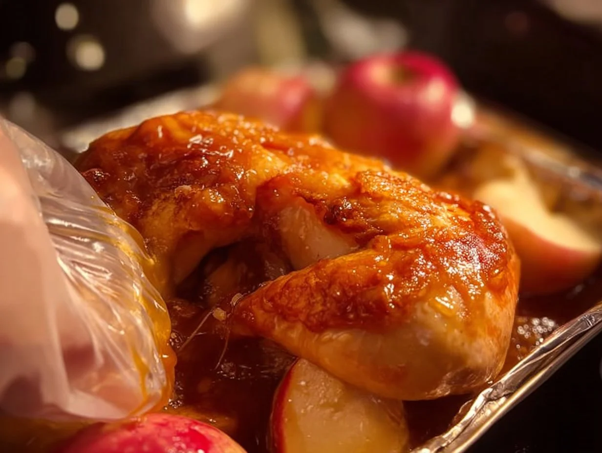 One-Button Apple Roasted Chicken ready to serve with aromatic herbs and apples