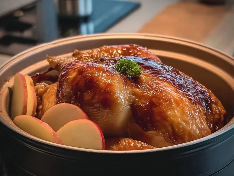 Discover the irresistible One-Button Apple Roasted Chicken recipe, combining juicy chicken with sweet apples and savory sauces in a rice cooker for a hassle-free meal. Perfectly tender and easy to prepare, this delightful dish is sure to impress your family and friends. Apple Roasted Chicken