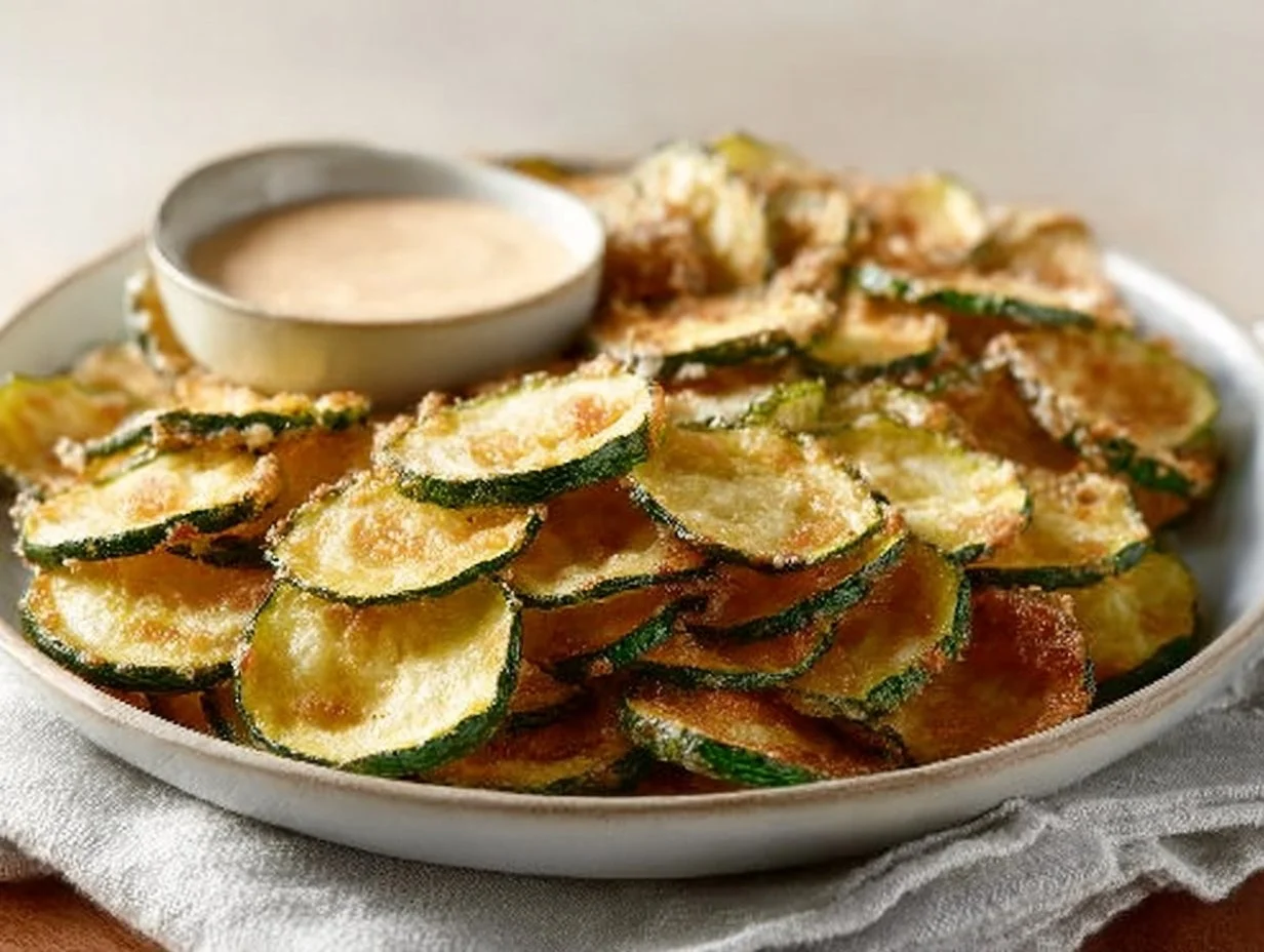 Oven Baked Zucchini Chips With Sea Salt: Simple & Delicious Snack Oven-baked zucchini chips served in a bowl as a healthy snack.