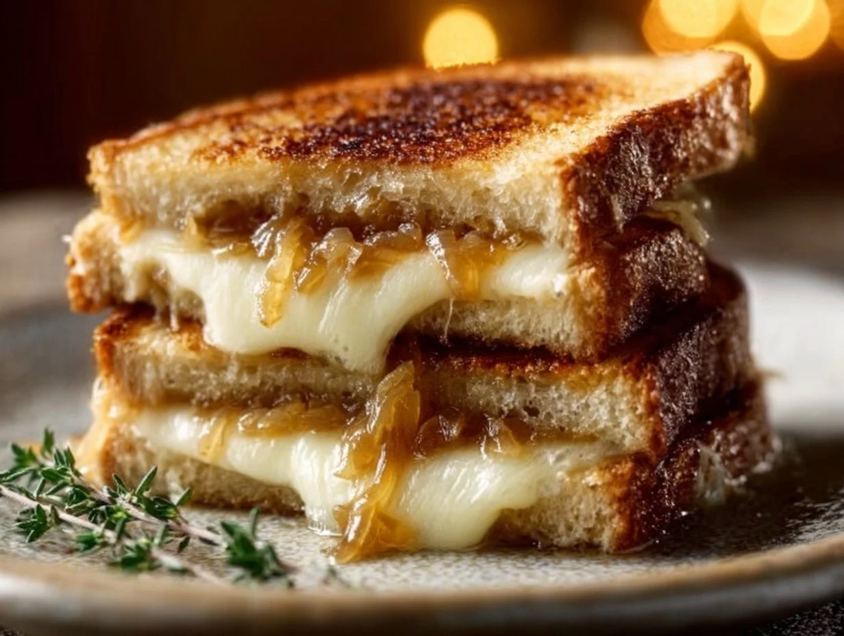 Pear and apple grilled cheese sandwich with caramelized onions.