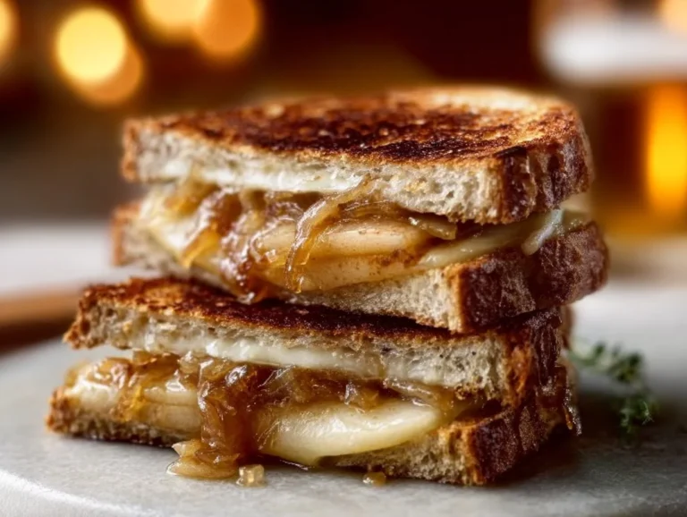 Indulge in the rich flavors of the Pear & Apple Grilled Cheese with Caramelized Onions. This delightful sandwich combines sweet fruit, sharp cheese, and savory onions for a perfect balance of tastes. Ideal for a quick meal or a comforting dinner, it's a must-try! grilled cheese