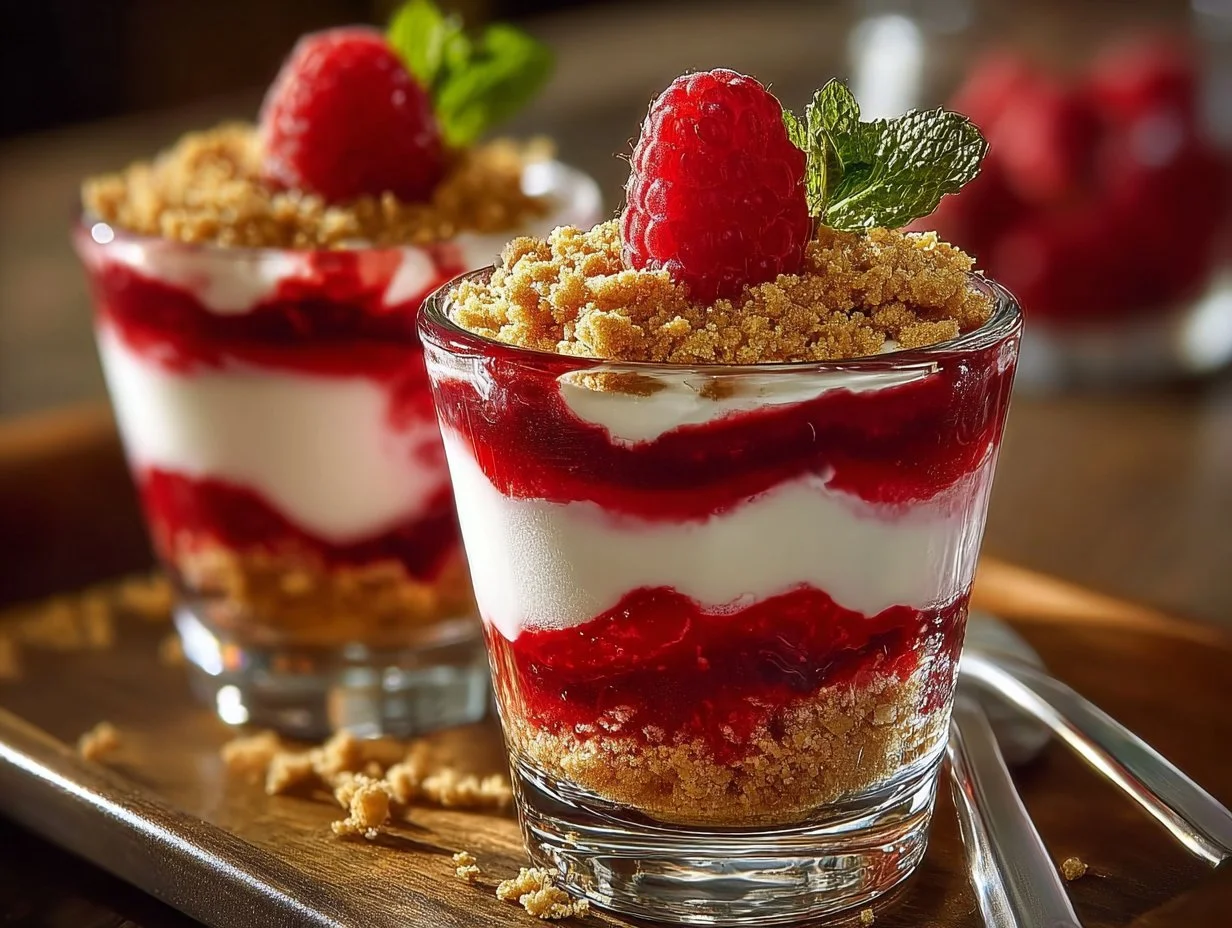 Delicious raspberry cheesecake parfaits in dessert glasses topped with fresh raspberries.