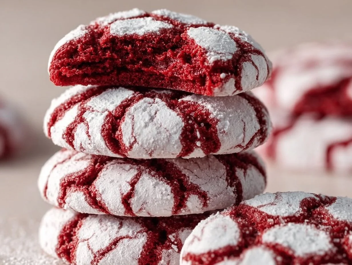 Red Velvet Crinkle Cookies: Soft, Chewy, and Irresistibly Delicious! Baked Red Velvet Crinkle Cookies with a dusting of powdered sugar