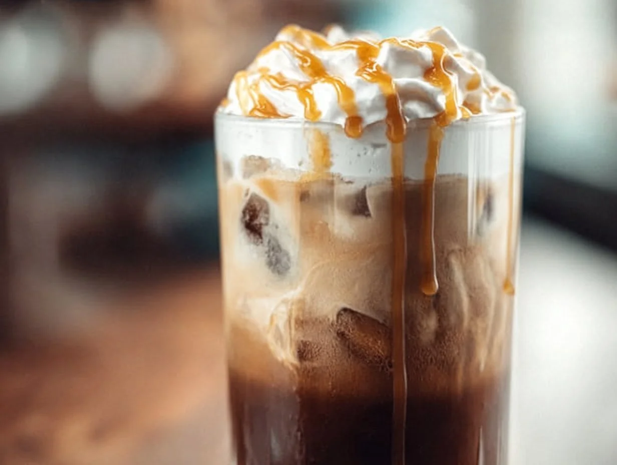Salted Caramel Cream Cold Brew: A Flavorful Delight for Coffee Lovers Iced Salted Caramel Cold Brew topped with whipped cream and caramel drizzle