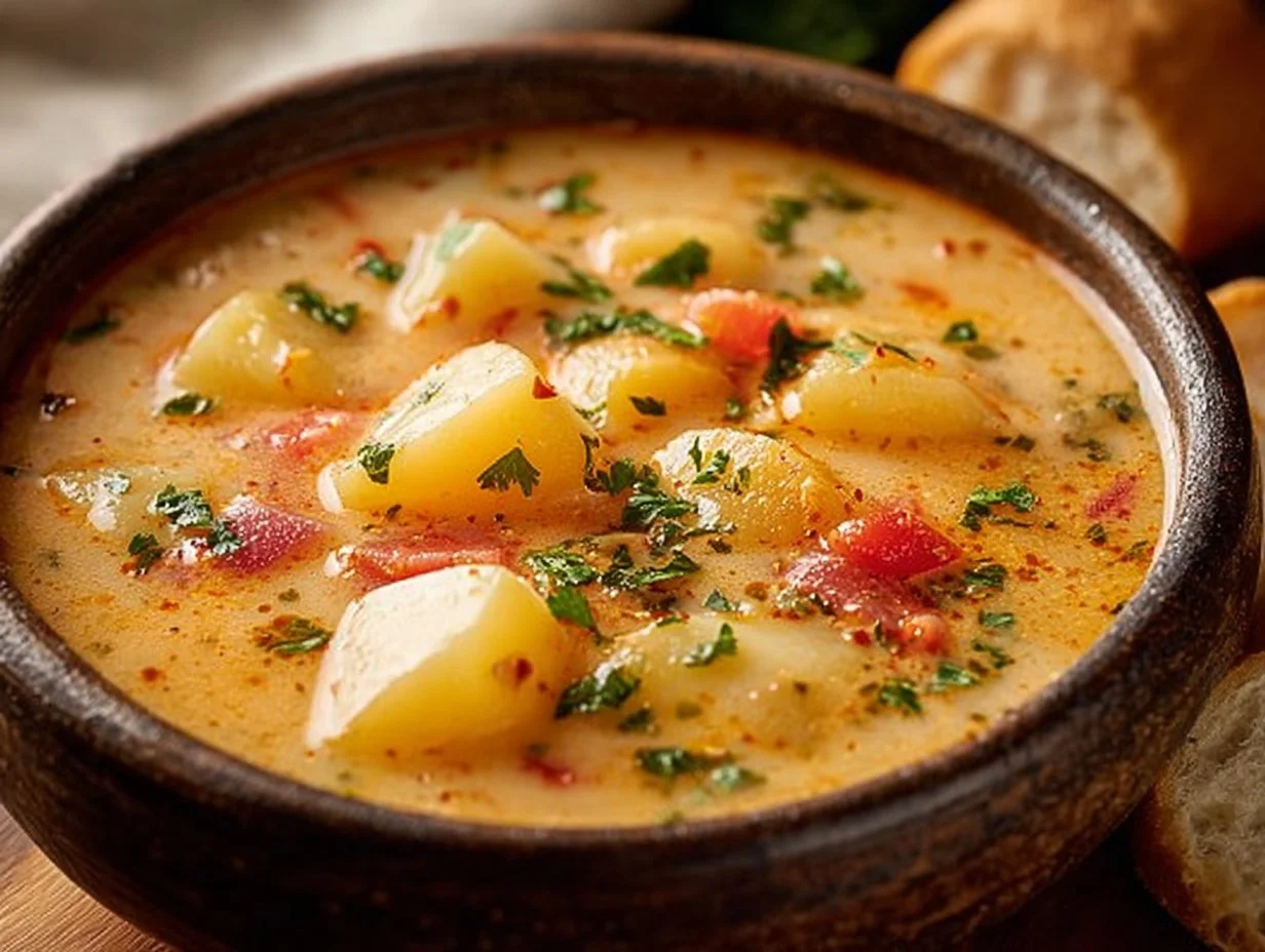 Bowl of spicy Cajun potato soup garnished with green onions and peppers