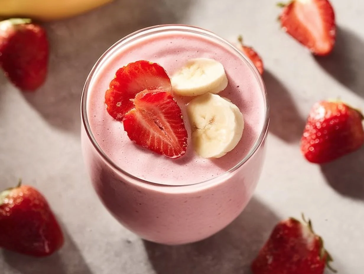 Fresh strawberry banana smoothie served in a glass