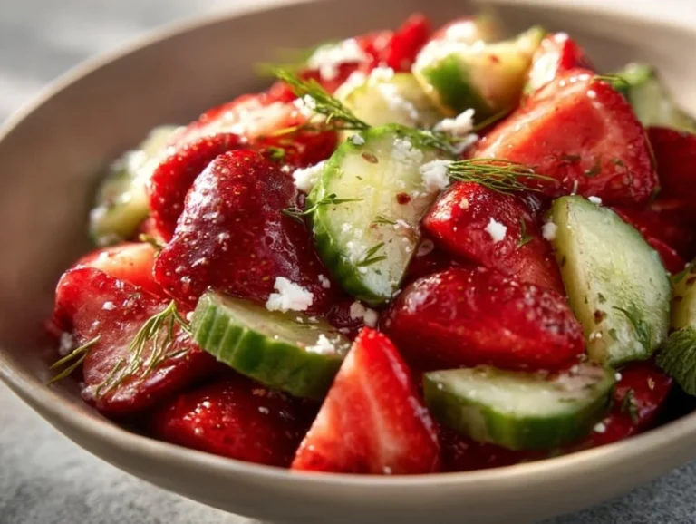 Experience summertime bliss with this Strawberry Cucumber Salad. Bursting with vibrant colors and fresh flavors, it is the perfect easy dish for gatherings or a light lunch. Made with juicy strawberries, crisp cucumbers, and a tangy dressing, this salad is both delicious and healthy! strawberry cucumber salad