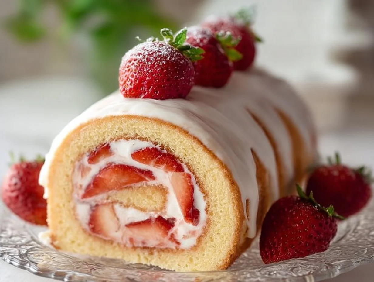 Deliciously rolled Strawberry Roll Cake with fresh strawberries and cream filling