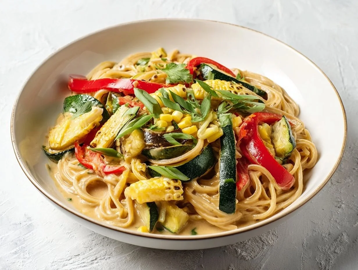 Delicious bowl of Thai curry pasta topped with fresh herbs and spices