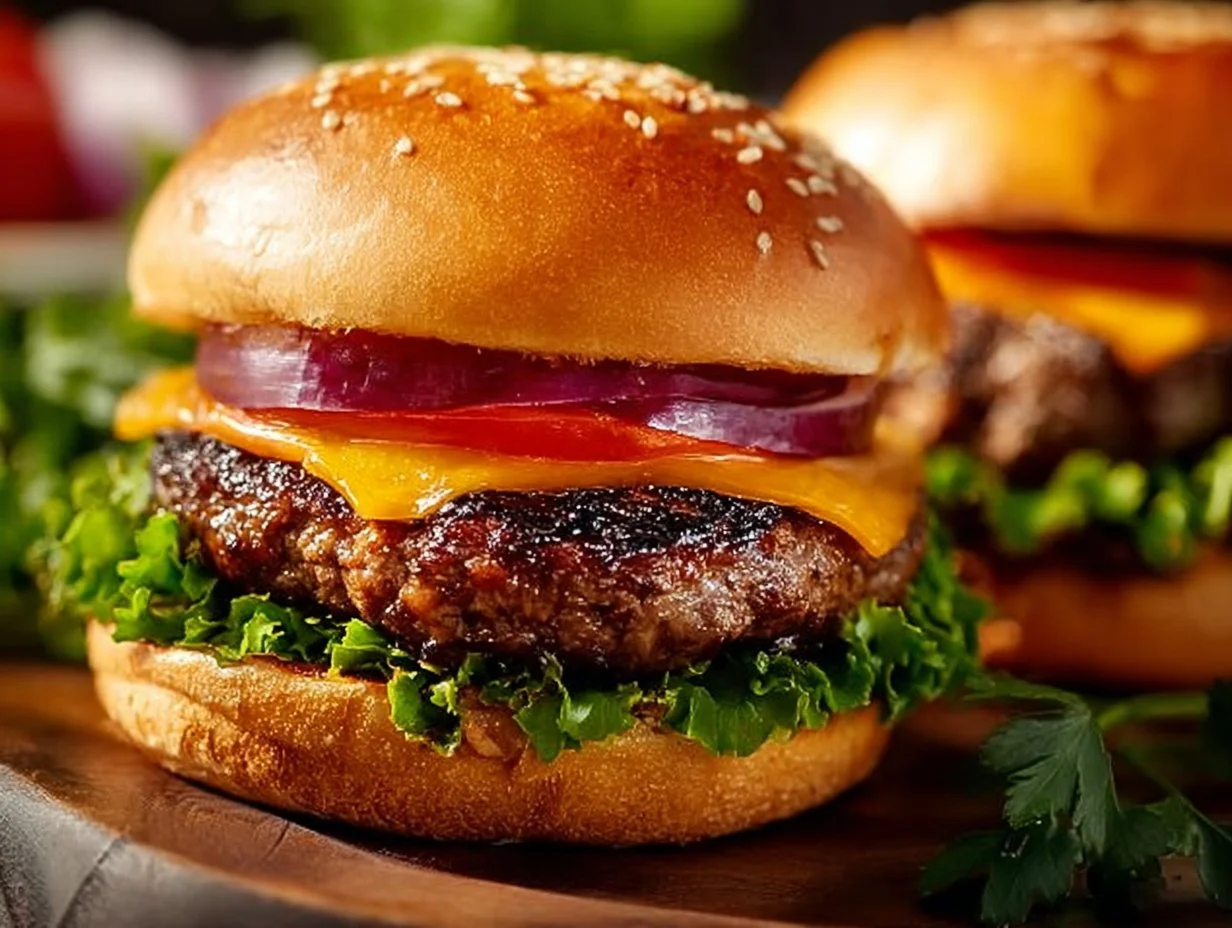 Delicious and juicy homemade burgers served with toppings