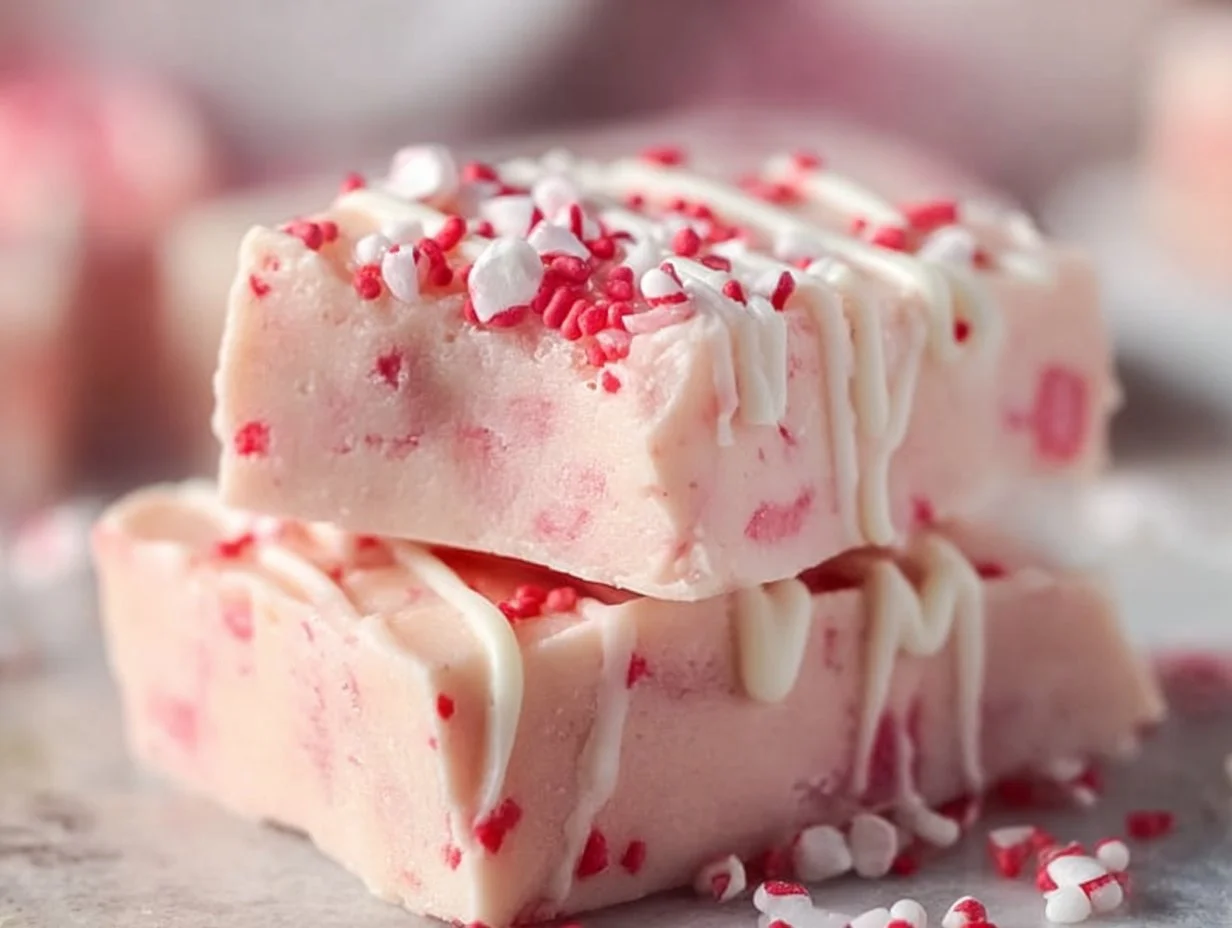 Valentine's Day Sugar Cookie Fudge decorated with heart sprinkles