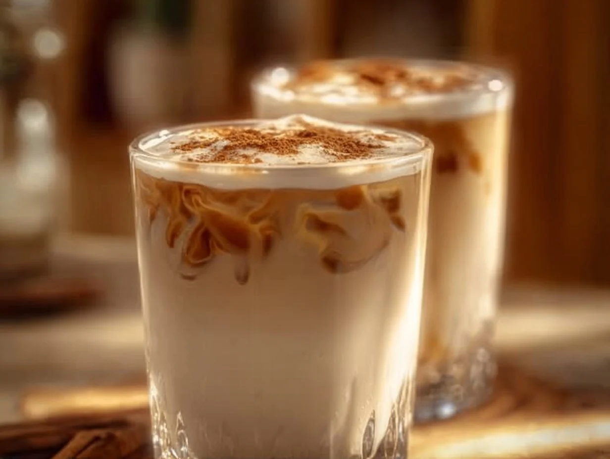 A cup of vanilla cinnamon milk tea garnished with cinnamon sticks and vanilla pod.