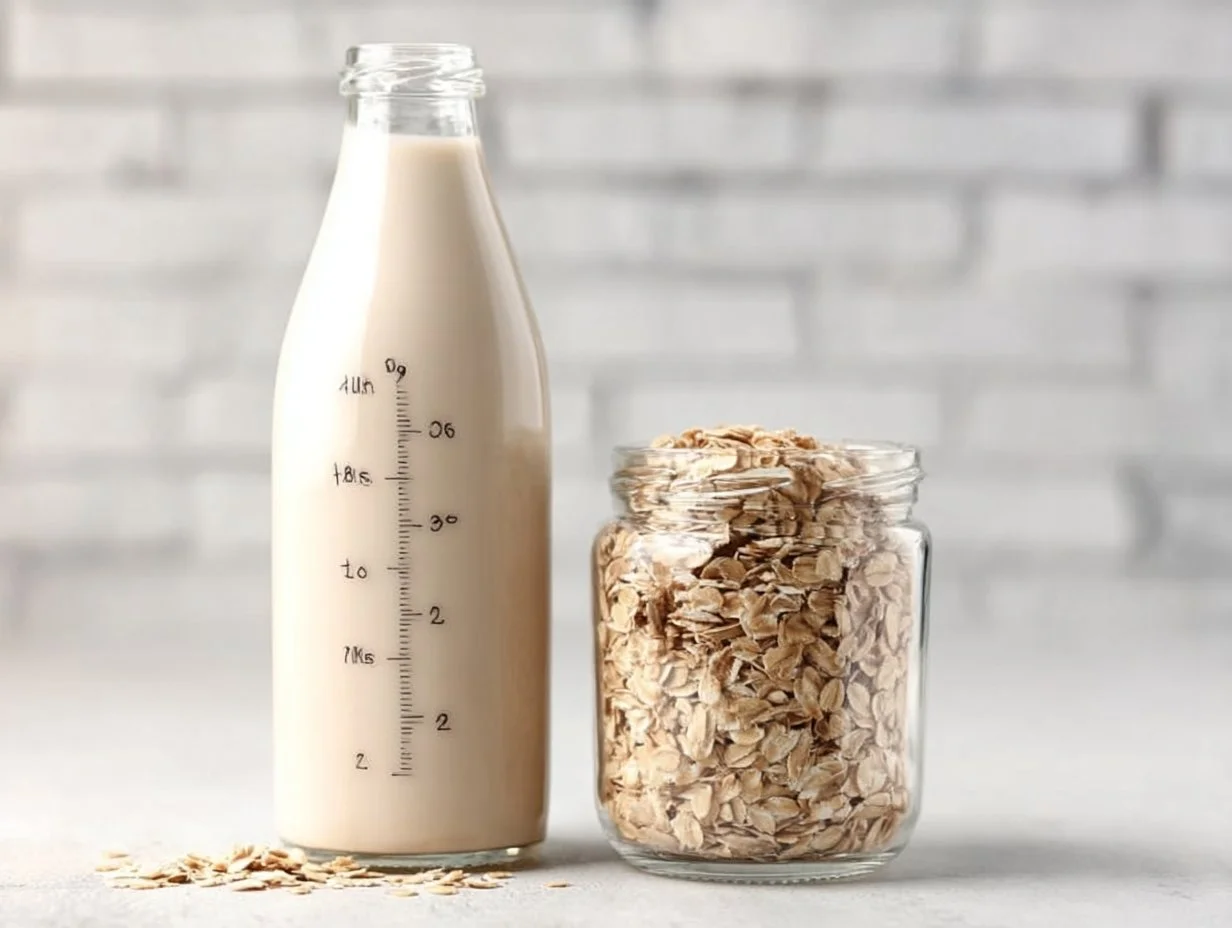 A glass of creamy vanilla oat milk with an oat and vanilla pod backdrop.