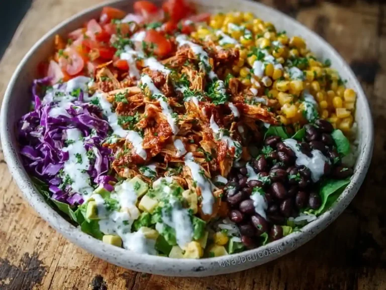 BBQ Chicken Ranch Bowl topped with fresh vegetables and ranch dressing