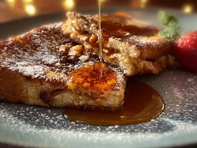 Delicious French toast made without milk, topped with syrup and fruit.