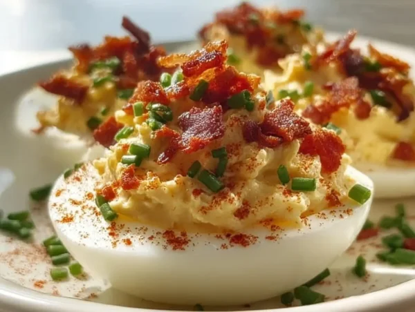 Delicious Million Dollar deviled eggs garnished with herbs on a platter