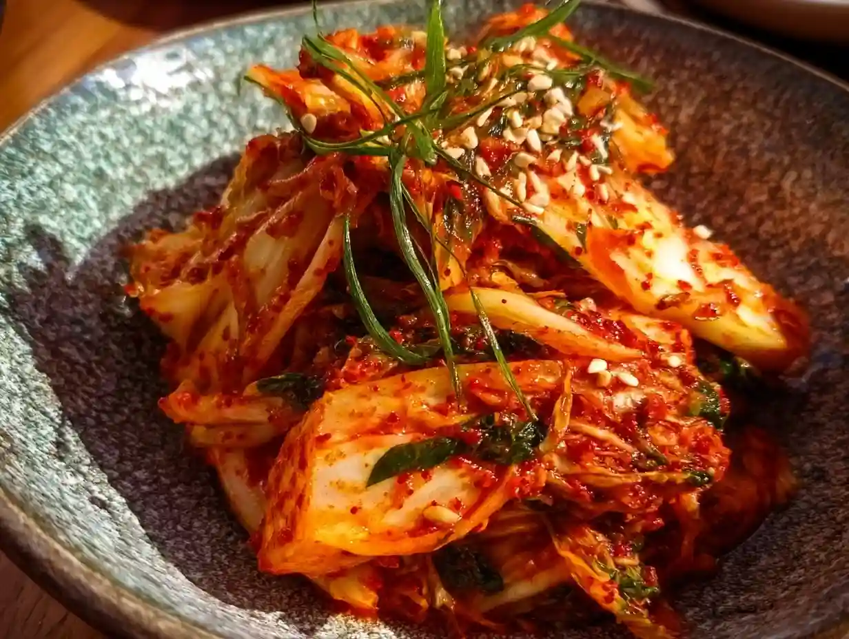 Bowl of vibrant homemade kimchi with fresh vegetables and spices