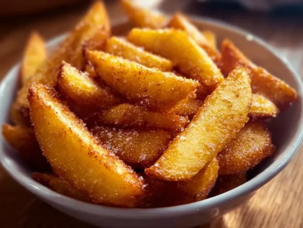 Crispy air fryer apple fries served in a bowl