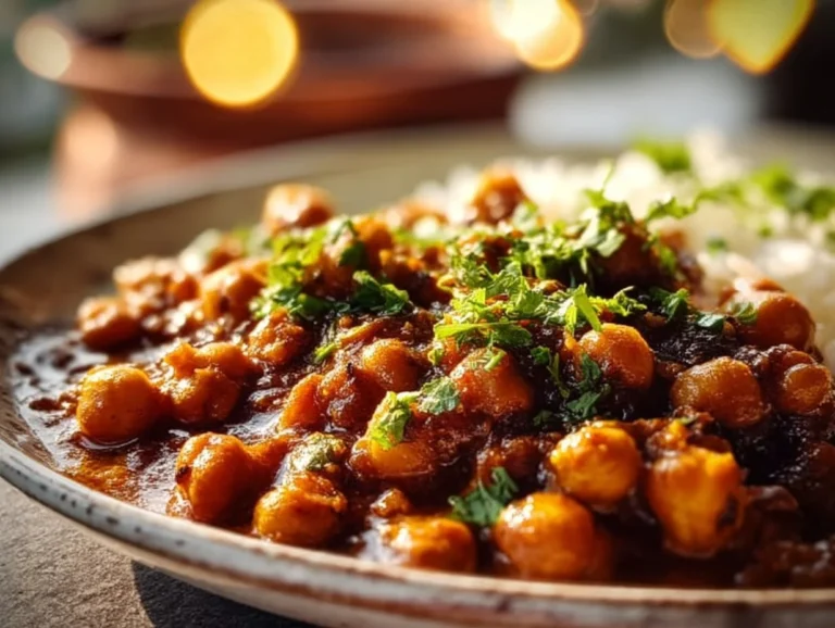 Bowl of authentic black chickpea curry with herbs and spices
