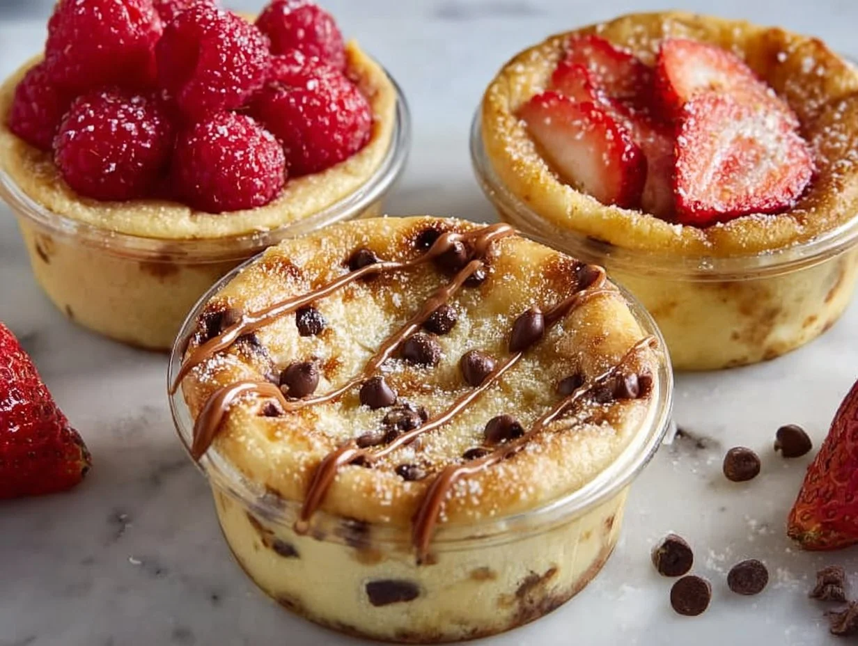 Baked protein pancake bowls topped with fresh fruits and nuts.