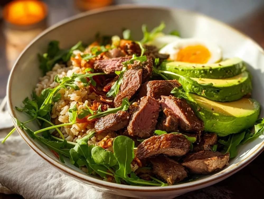 Dive into the deliciousness of the High Protein Beef Avocado Bowl, loaded with nutrients and flavor. Whip up this easy recipe for meal prep or a satisfying dinner, packed with sweet potatoes, fresh veggies, and a creamy dressing to elevate your meal! Beef Avocado Bowl