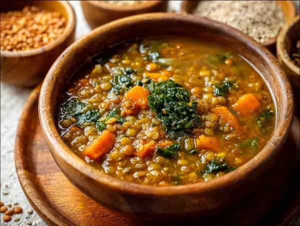 Bowl of best lentil soup with vegetables and herbs garnished on top
