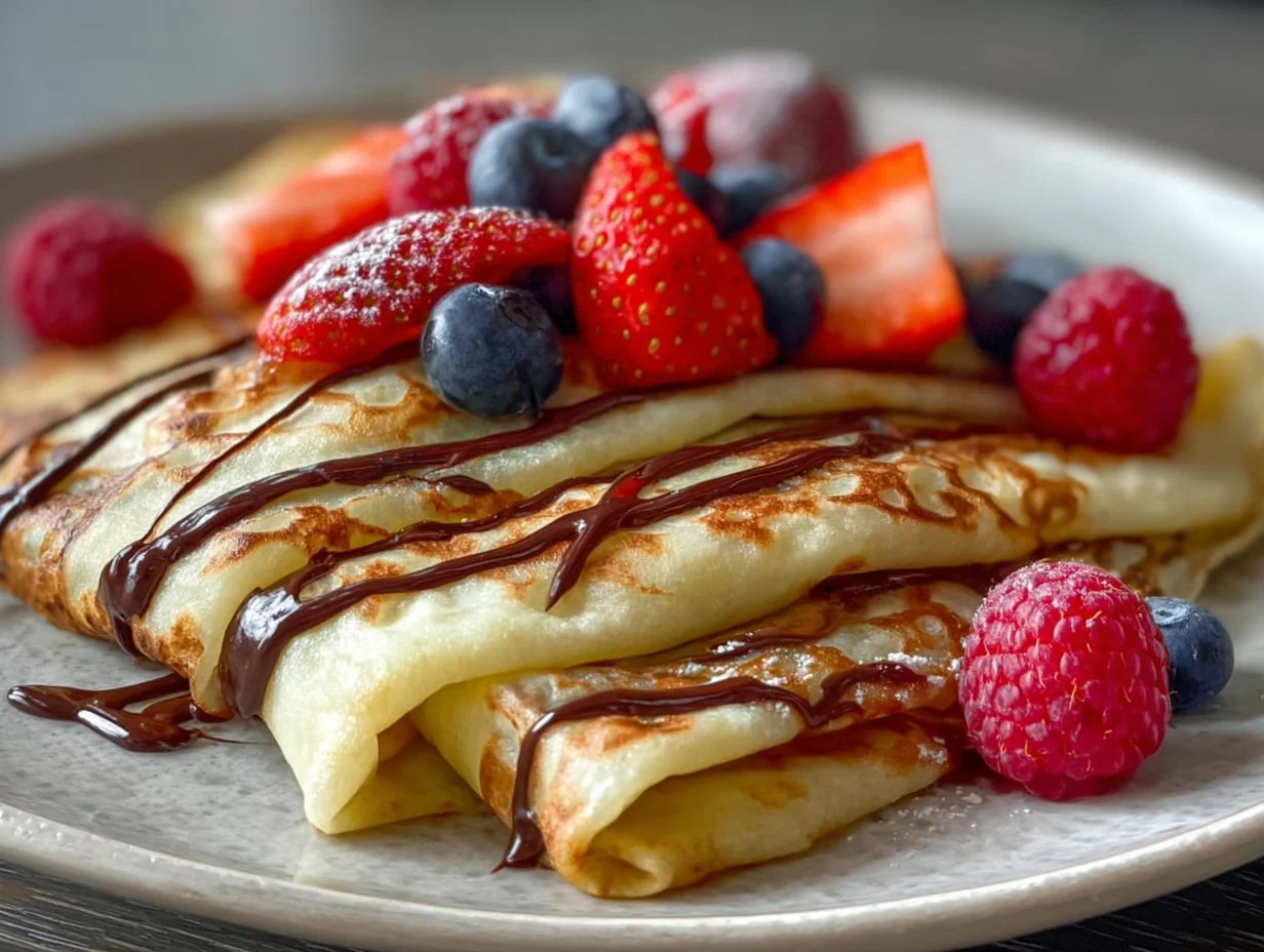 Delicious homemade blender crepes stacked on a plate