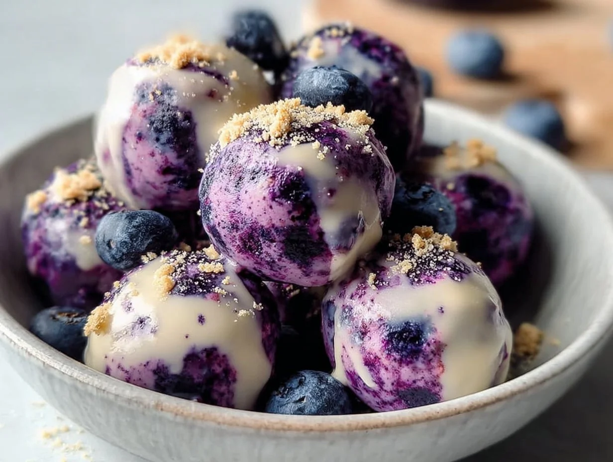 Blueberry cheesecake protein bites stacked on a white plate