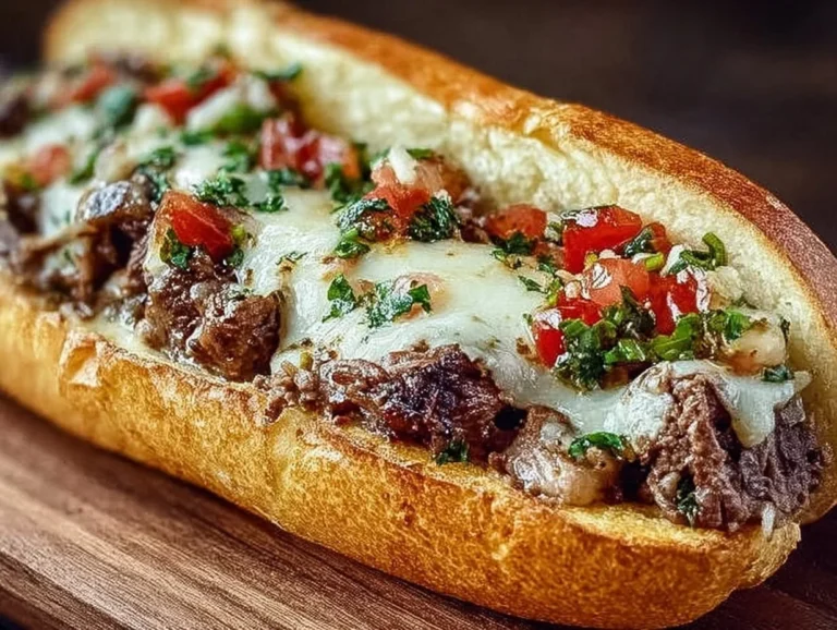 Cheesesteak on Garlic Parmesan Bread: A Flavorful Twist on a Classic Delicious cheesesteak on garlic parmesan bread served with toppings.