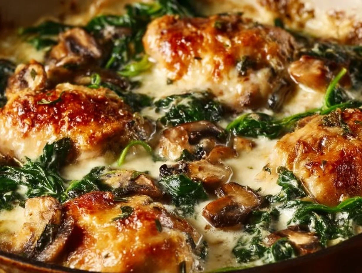 Delicious chicken oven dish with spinach and mushrooms ready to serve.
