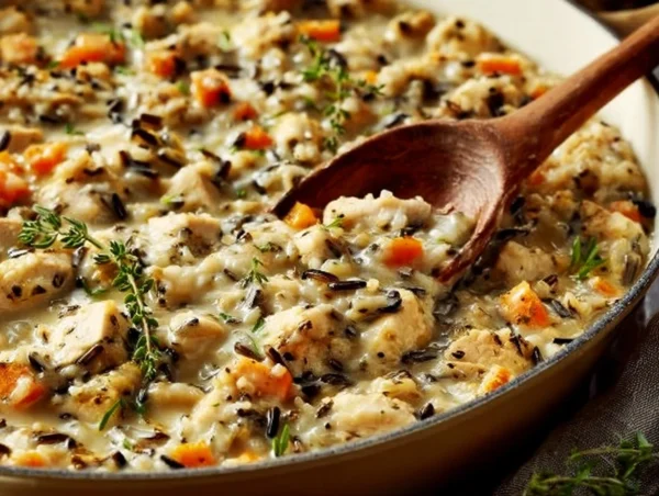 Creamy Chicken Wild Rice Casserole topped with herbs and served in a baking dish