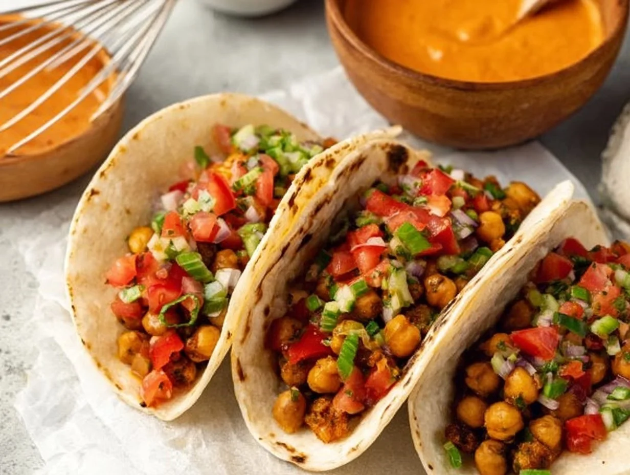 Delicious chickpea tacos topped with fresh vegetables and salsa