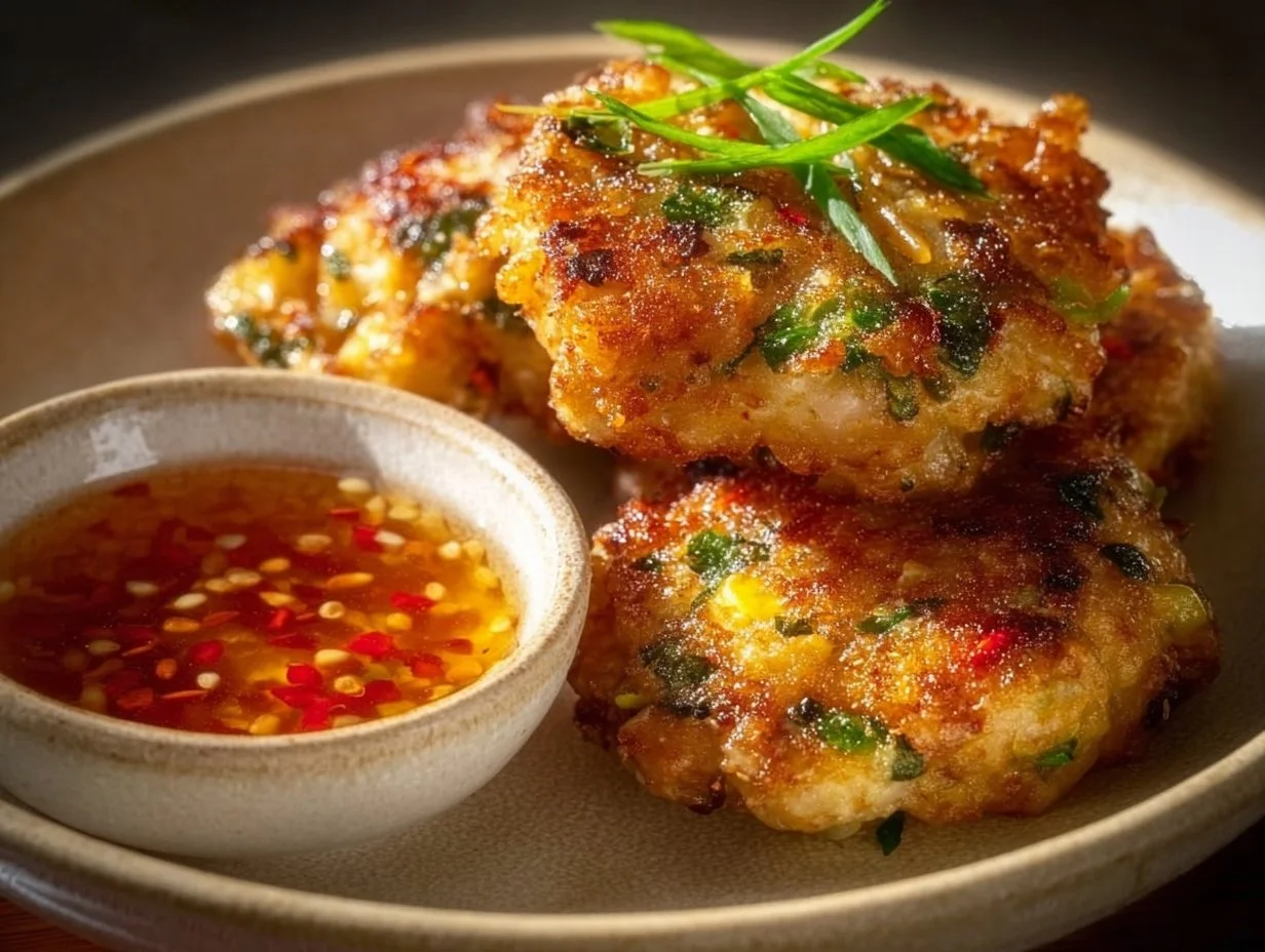 Chinese shrimp cakes served with dipping sauce on a plate