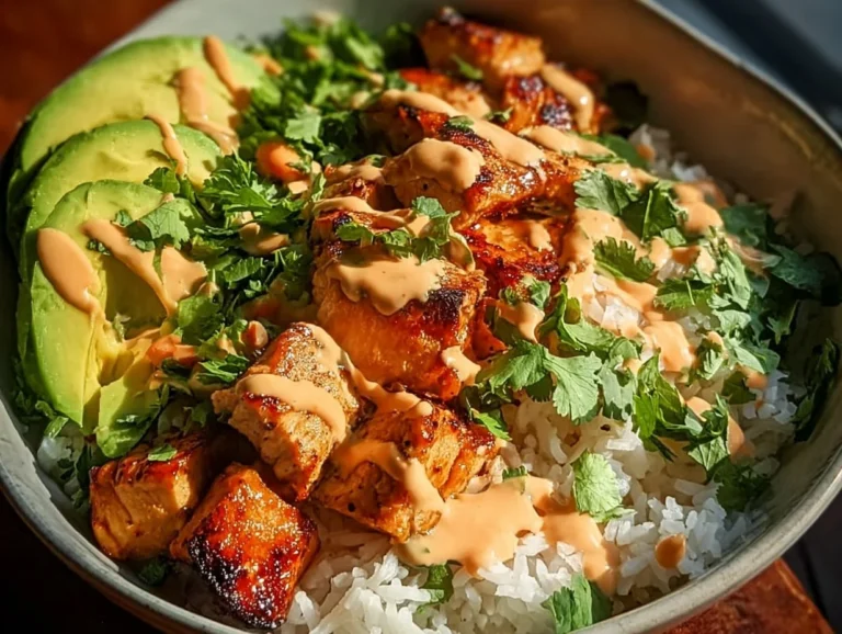 A delicious Coconut Chicken Rice Bowl topped with fresh herbs and colorful vegetables.