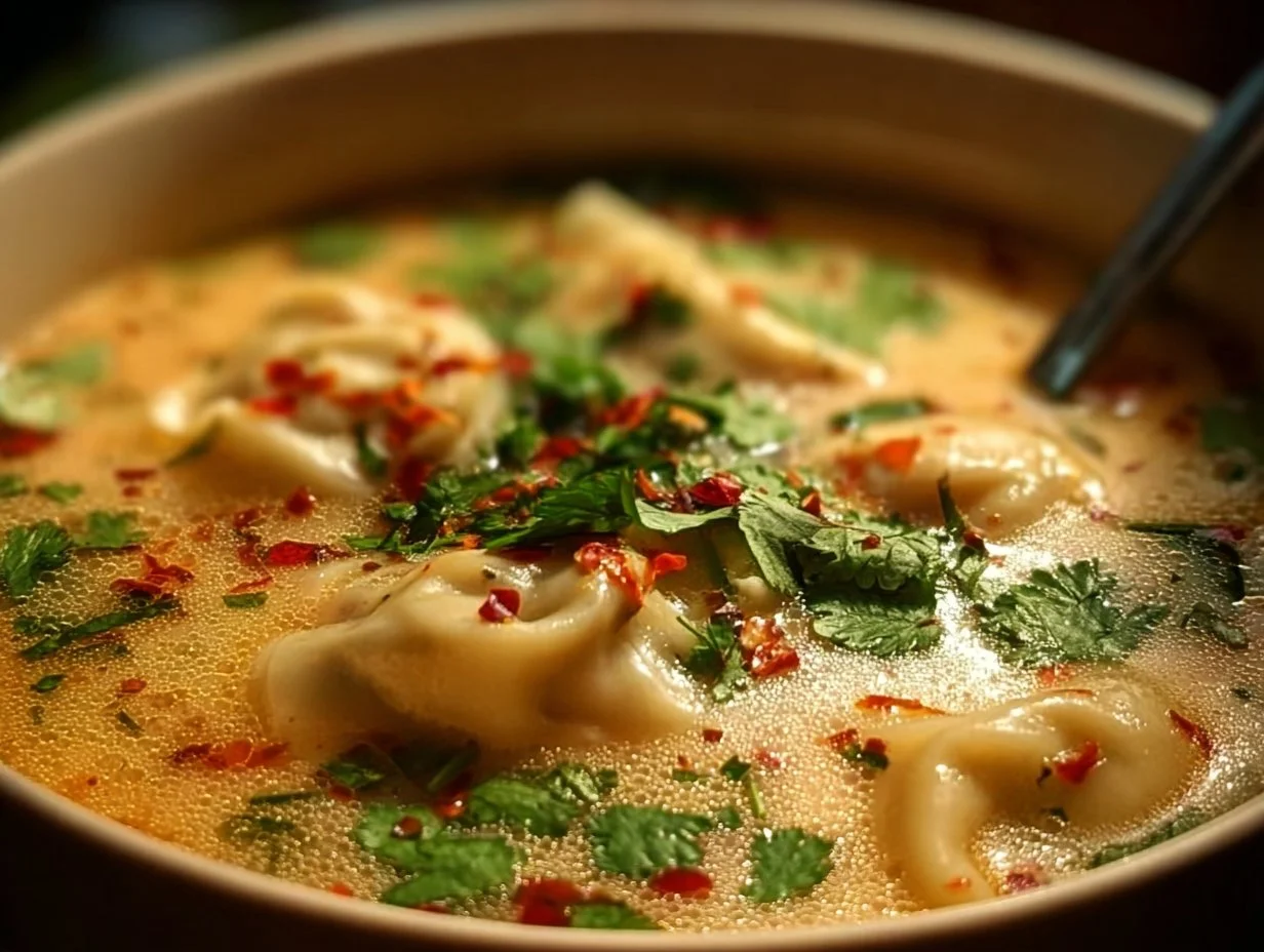 Bowl of comforting Thai Potsticker Soup with vibrant ingredients