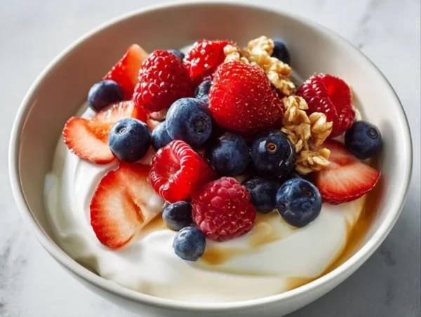 Cottage Cheese Hot Honey Bowl with drizzled honey and toppings
