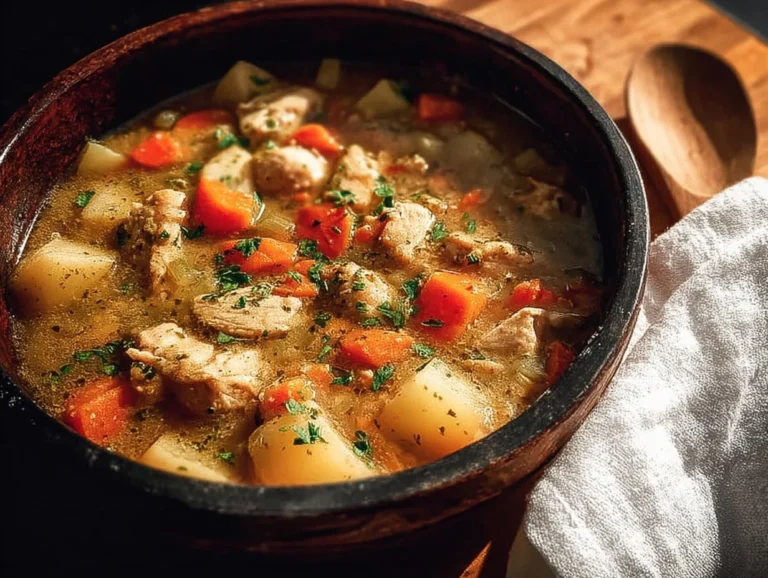 A bowl of cozy chicken stew with vegetables and herbs